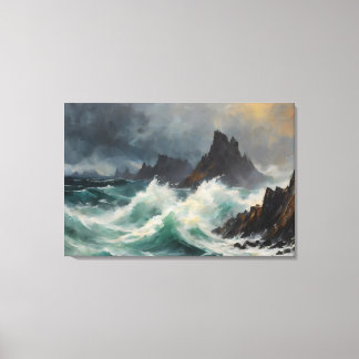 Storm golven raken de kust in een sombere sfeer canvas afdruk