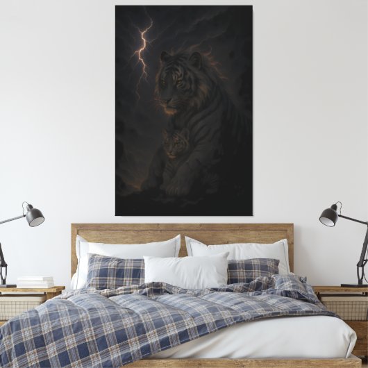 Storm Guardian Tiger & Cub – Dark Fantasy Animal A Canvas Afdruk (Insitu (Slaapkamer))