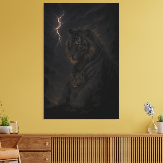 Storm Guardian Tiger & Cub – Dark Fantasy Animal A Canvas Afdruk (Insitu (Woonkamer))