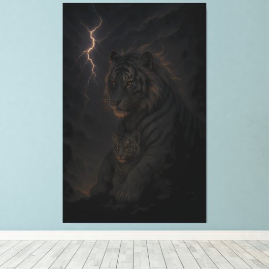 Storm Guardian Tiger & Cub – Dark Fantasy Animal A Canvas Afdruk (Insitu (Houten vloer))