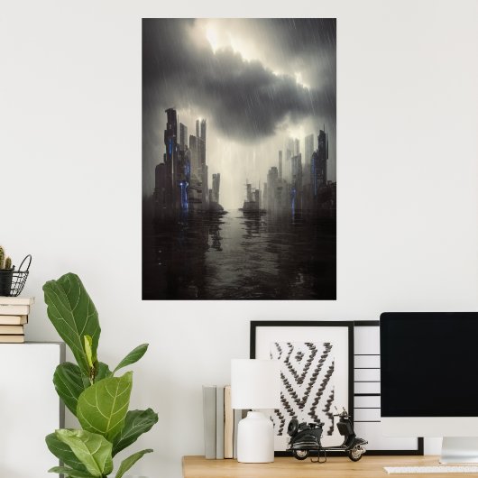 storm in de stad | AI Art Poster (Thuiskantoor)