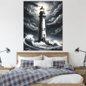 Storm Lighthouse – Dramatic Black and White Coasta Canvas Afdruk (Insitu (Slaapkamer))