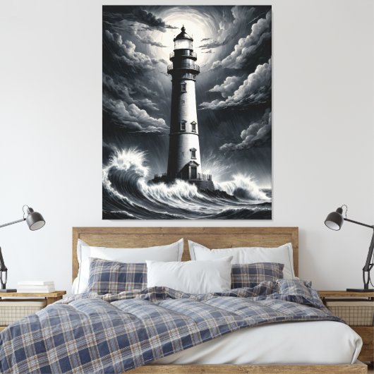 Storm Lighthouse – Dramatic Black and White Coasta Canvas Afdruk (Insitu (Slaapkamer))