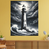 Storm Lighthouse – Dramatic Black and White Coasta Canvas Afdruk (Insitu (Woonkamer))