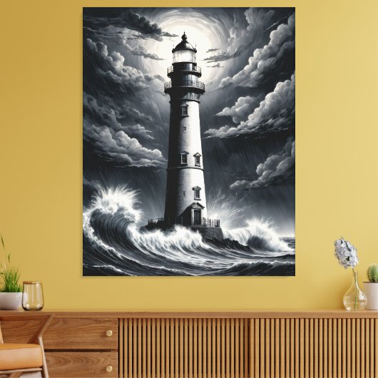 Storm Lighthouse – Dramatic Black and White Coasta Canvas Afdruk (Insitu (Woonkamer))