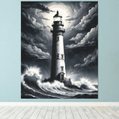 Storm Lighthouse – Dramatic Black and White Coasta Canvas Afdruk (Insitu (Houten vloer))