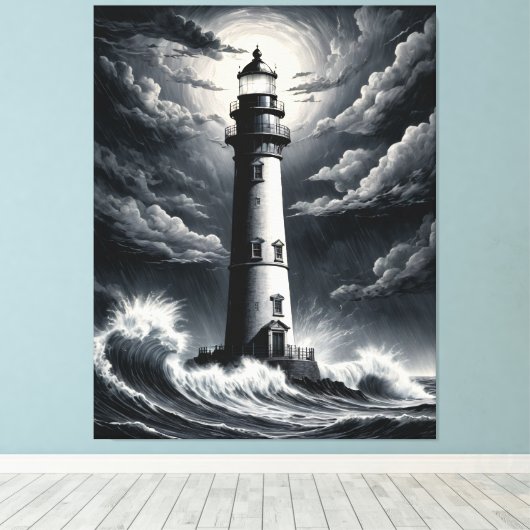 Storm Lighthouse – Dramatic Black and White Coasta Canvas Afdruk (Insitu (Houten vloer))