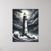 Storm Lighthouse – Dramatic Black and White Coasta Canvas Afdruk (Voorkant)