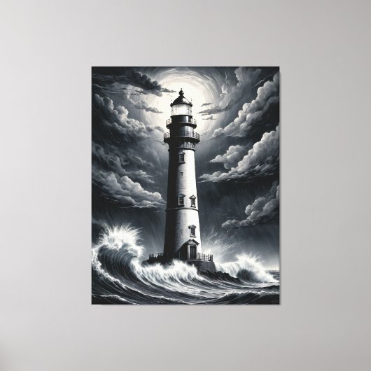 Storm Lighthouse – Dramatic Black and White Coasta Canvas Afdruk (Voorkant)