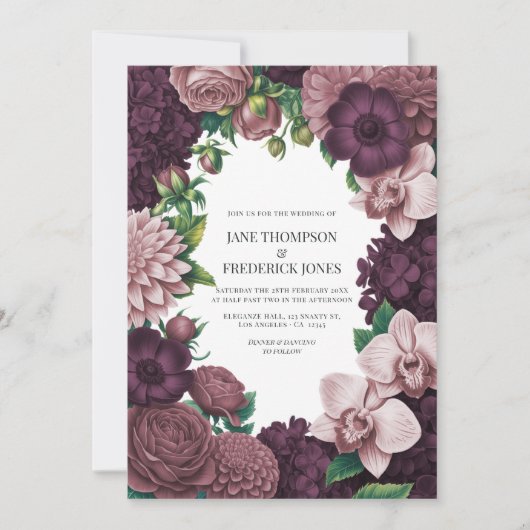 Storm Plum, Graphite Rose & Antique Blush Wedding Kaart (Voorkant)