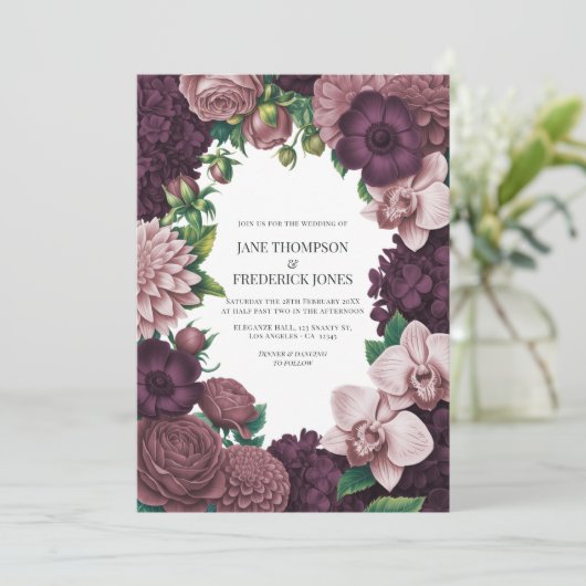 Storm Plum, Graphite Rose & Antique Blush Wedding Kaart (Staand voorkant)