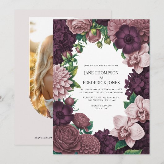 Storm Plum, Graphite Rose & Antique Blush Wedding Kaart (Voorkant / Achterkant)