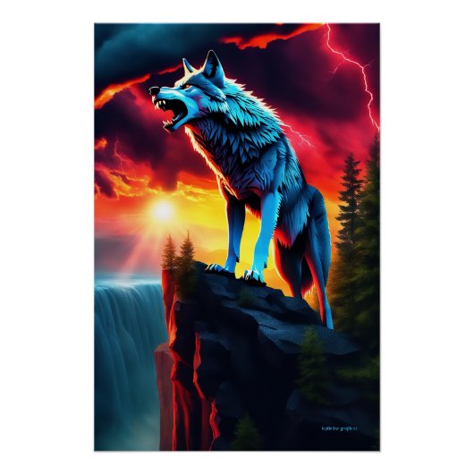 Storm Sentinel. Onbevreesde wolf snarrelt bij het  Perfect Poster (Voorkant)