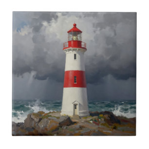 Stormachtige Rode Vuurtoren Kust Tegeltje