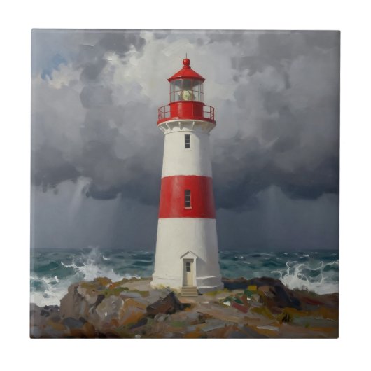 Stormachtige Rode Vuurtoren Kust Tegeltje (Voorkant)