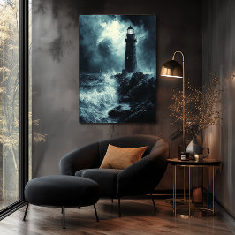 Stormachtige vuurtoren bij nacht - Charcoal Art Poster