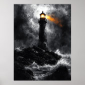 Stormachtige vuurtoren in dramatische monochrome s poster (Voorkant)