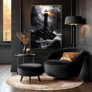 Stormachtige vuurtoren in dramatische monochrome s poster
