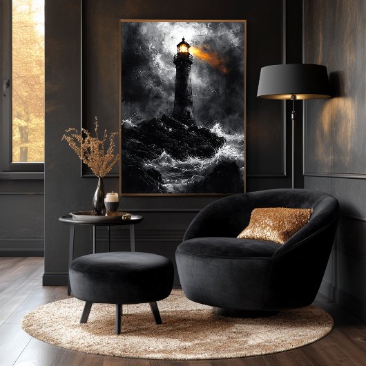 Stormachtige vuurtoren in dramatische monochrome s poster