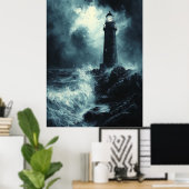 Stormachtige Vuurtoren 's Nachts - Houtskoolkunst Poster (Thuiskantoor)