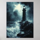 Stormachtige Vuurtoren 's Nachts - Houtskoolkunst Poster (Voorkant)