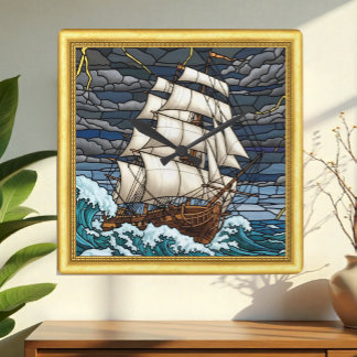 Stormachtige Zee, Schip, Dramatisch, Vintage Schee Vierkante Klok