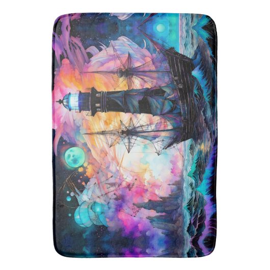 Stormachtige zeeen, bootvuurtoren Moon Abstract Badmat (Voorkant Verticaal)