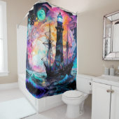 Stormachtige zeeen, bootvuurtoren Moon Abstract Douchegordijn (In situ)