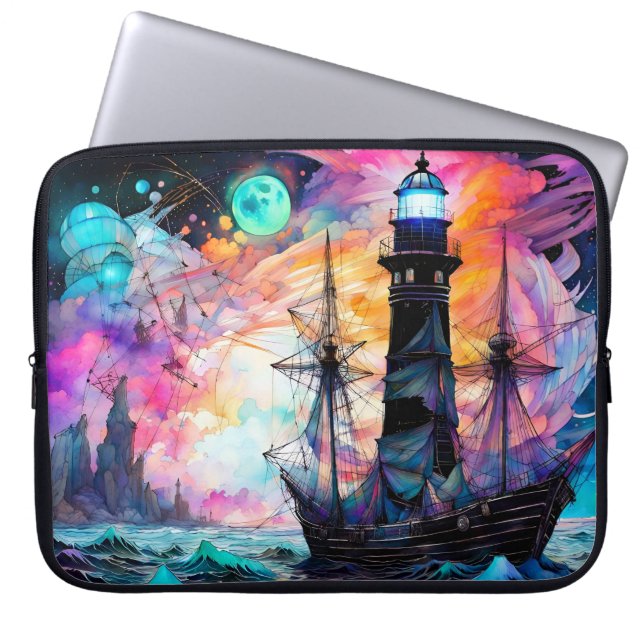 Stormachtige zeeen, bootvuurtoren Moon Abstract Laptop Sleeve (Voorkant)