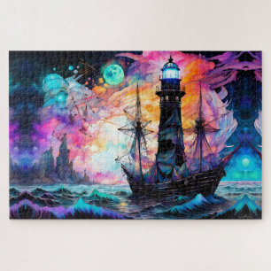 Stormachtige zeeen, bootvuurtoren Moon Abstract Legpuzzel