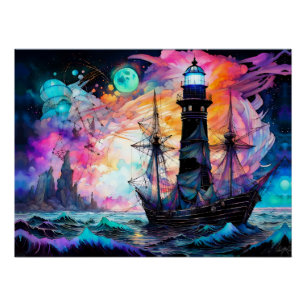 Stormachtige zeeen, bootvuurtoren Moon Abstract Perfect Poster