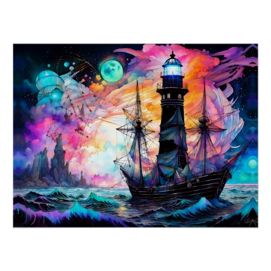 Stormachtige zeeen, bootvuurtoren Moon Abstract Perfect Poster (Voorkant)