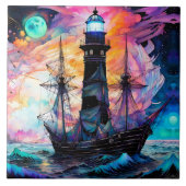 Stormachtige zeeen, bootvuurtoren Moon Abstract Tegeltje (Voorkant)