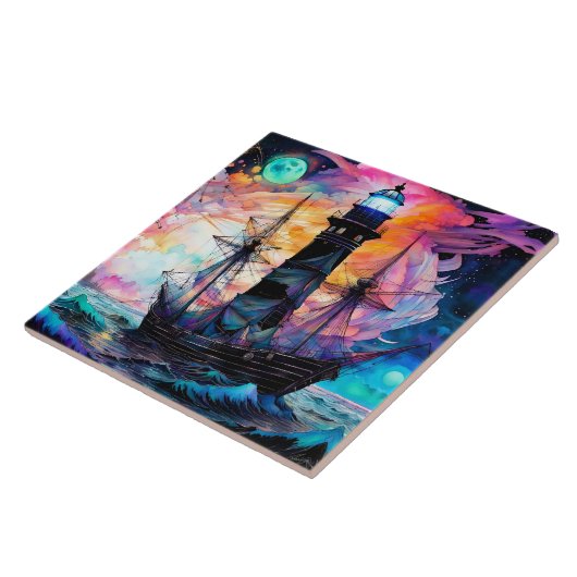 Stormachtige zeeen, bootvuurtoren Moon Abstract Tegeltje (Zijkant)