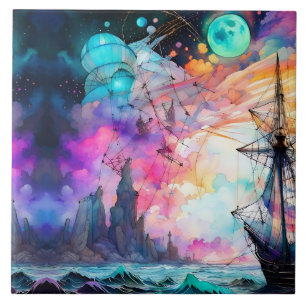Stormachtige zeeen, futuristische bootmaan Abstrac Tegeltje