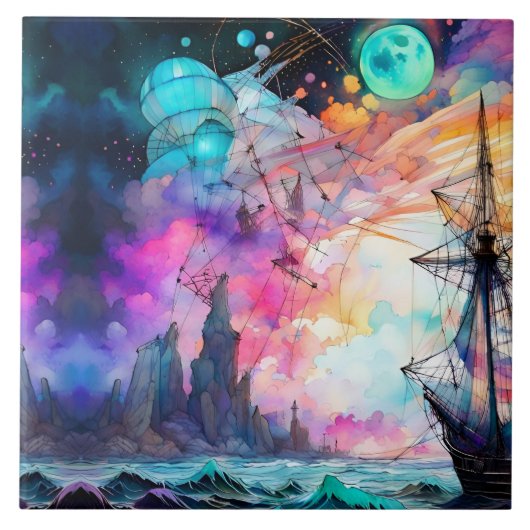 Stormachtige zeeen, futuristische bootmaan Abstrac Tegeltje (Voorkant)