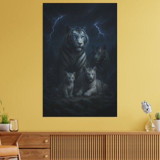 Stormborn White Tiger Family – Thunder Realm Guard Canvas Afdruk (Insitu (Woonkamer))
