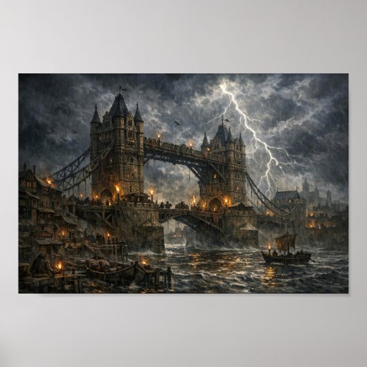 Stormgebonden Middeleeuwse Londen Tower Bridge Pos Poster (Voorkant)