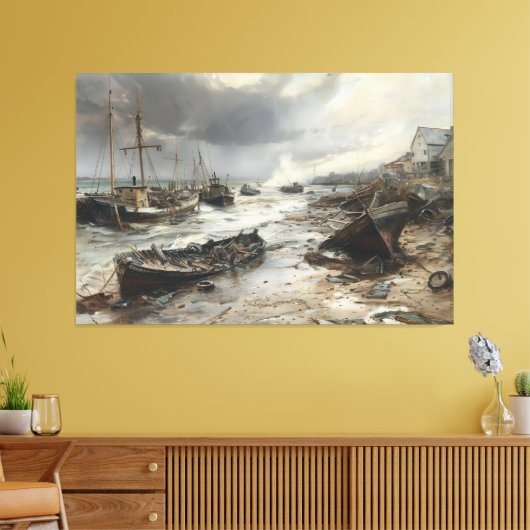 Storm's Wake: Wrecked Vissen Boats Art Canvas Afdruk (Insitu (Woonkamer))