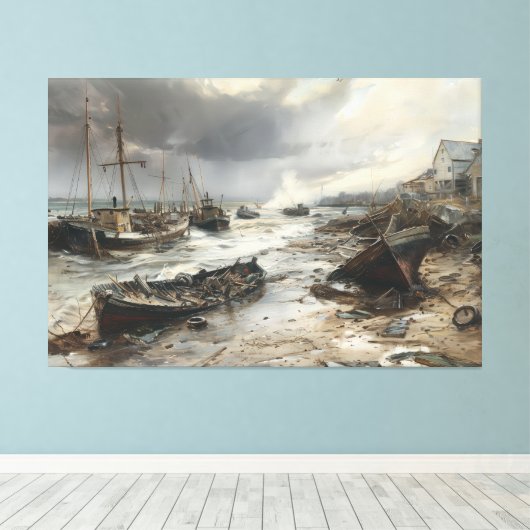 Storm's Wake: Wrecked Vissen Boats Art Canvas Afdruk (Insitu (Houten vloer))