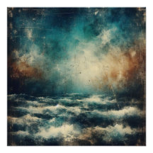 Stormy Blue Ocean Old Photograph