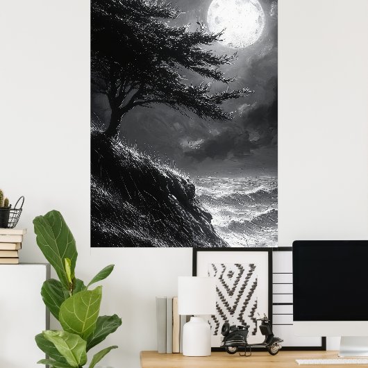 Stormy Cliff Moonlight in zwart-wit Poster (Thuiskantoor)