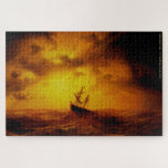 Stormy Sea Nature Art Vintage Painting Family Kids Legpuzzel<br><div class="desc">Custom, personalized, family kids nature art lovers 1000 pieces jigsaw puzzle, featuring a striking beautiful intricate detailed vintage painting, oil on canvas, by Marcus Larson, featuring a ship in the middle of a stormy sea with gulls hovering above and a blazing sun setting amidst stormy clouds in the background, and...</div>