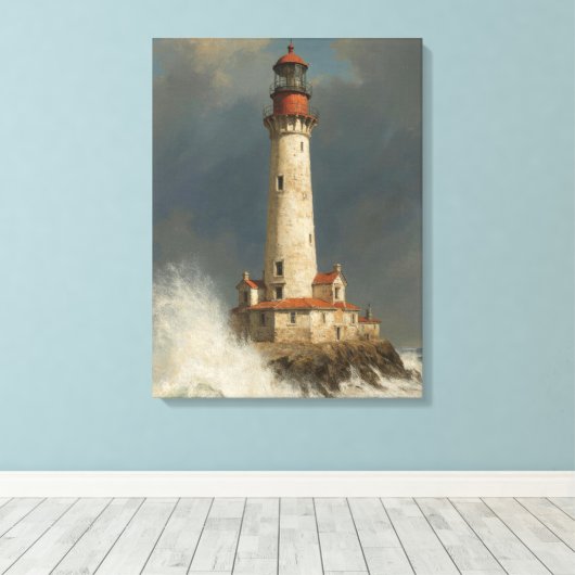 Stormy Sentinel vuurtoren olieverfschilderij AI Canvas Afdruk (Insitu (Houten vloer))