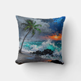 Stormy Serenity:Rain and Wind on a Beach at Sunset Kussen