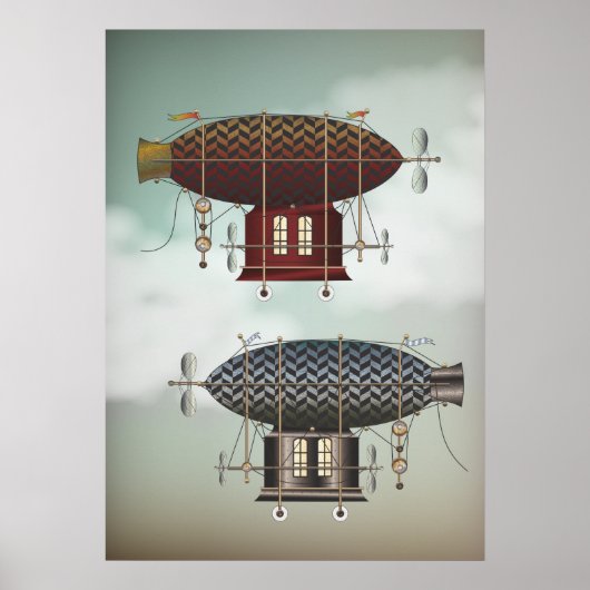 Stormy Skies Airship Noir & Rouge Steampunk Travel Poster (Voorkant)