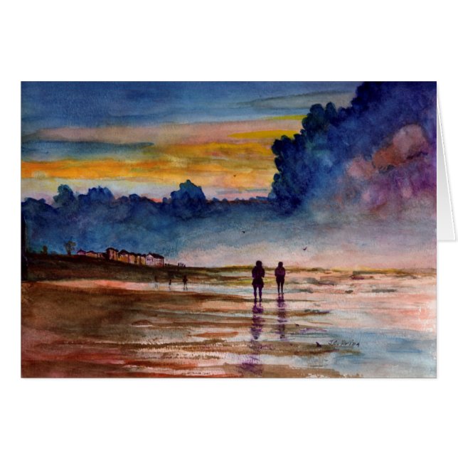 Stormy Sunset Beach Combing Waterverf Seascape (Voorkant Horizontaal)