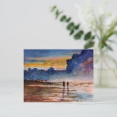 Stormy Sunset Beach Combing Waterverf Seascape Briefkaart (Staand voorkant)