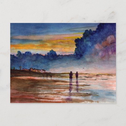 Stormy Sunset Beach Combing Waterverf Seascape Briefkaart (Voorkant)