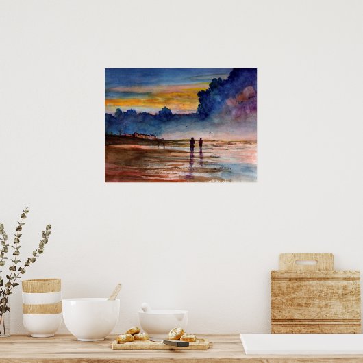 Stormy Sunset Beach Combing Waterverf Seascape Poster (Keuken)